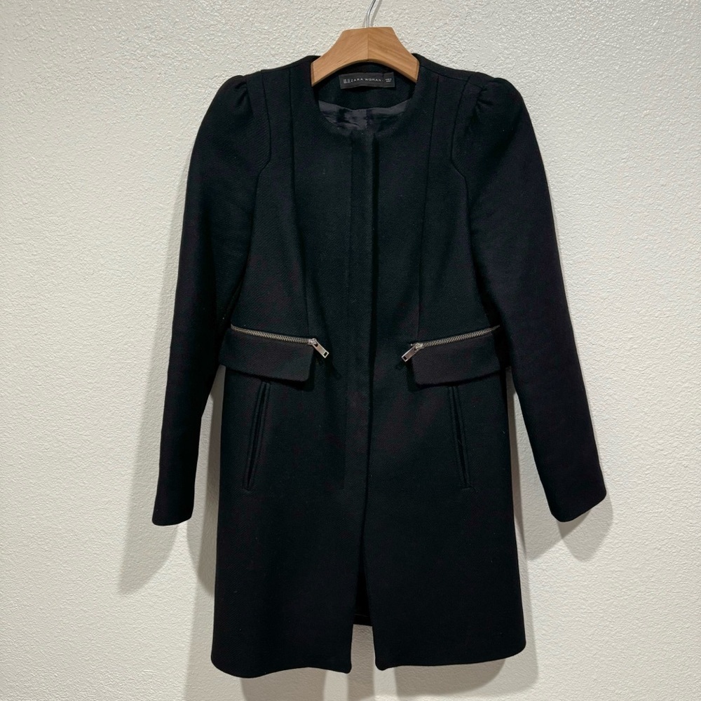 zara black long belted pea trench zip up coat jacket overcoat outerwear